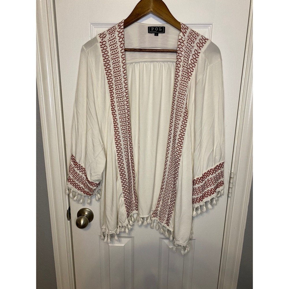 POL Kimono Cardigan Top Women's Size Large‎ Cream Off White Embroidered Tassel